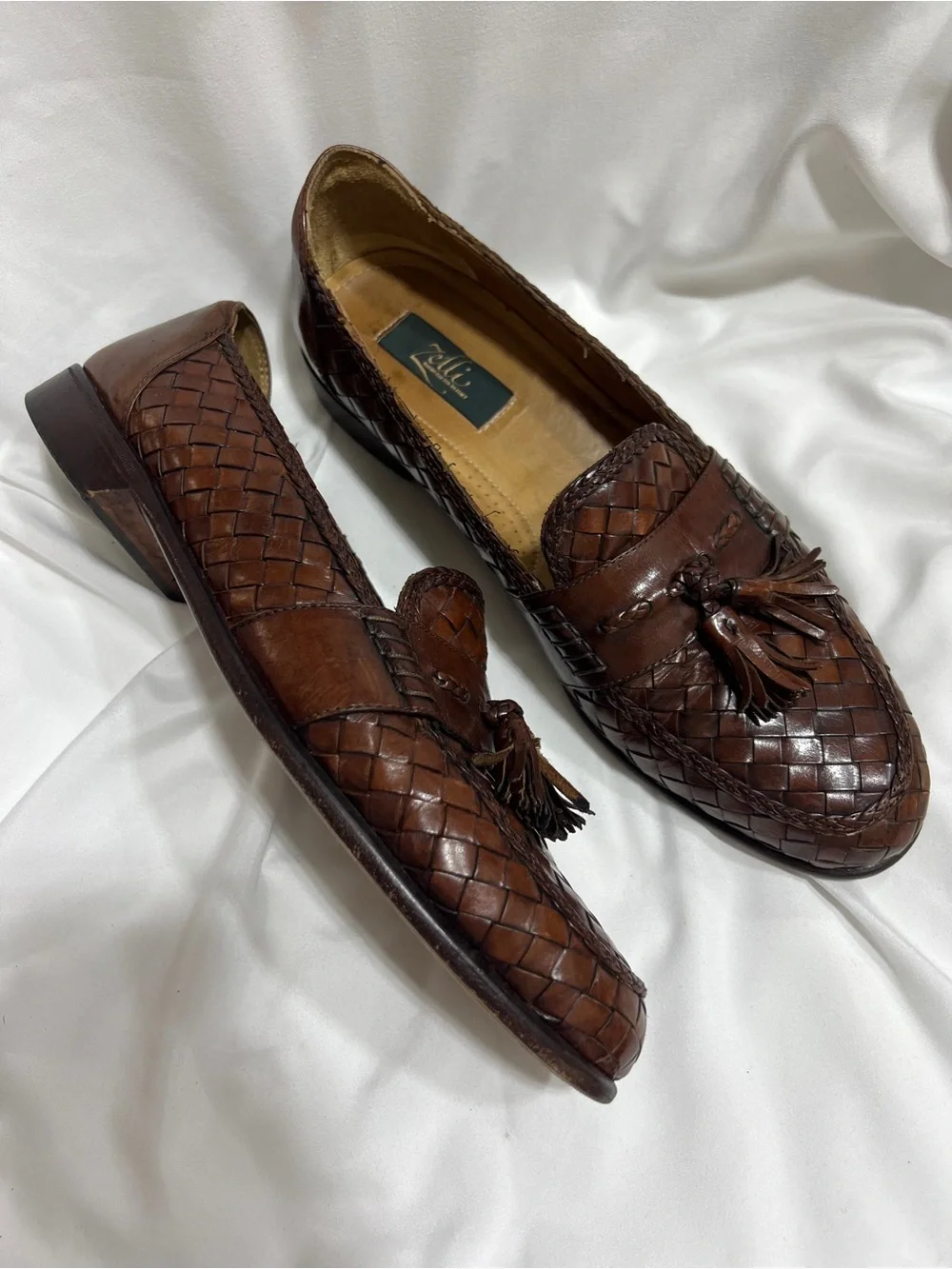 Men's Brown Woven Leather Tassel Loafers Zelli 11.5